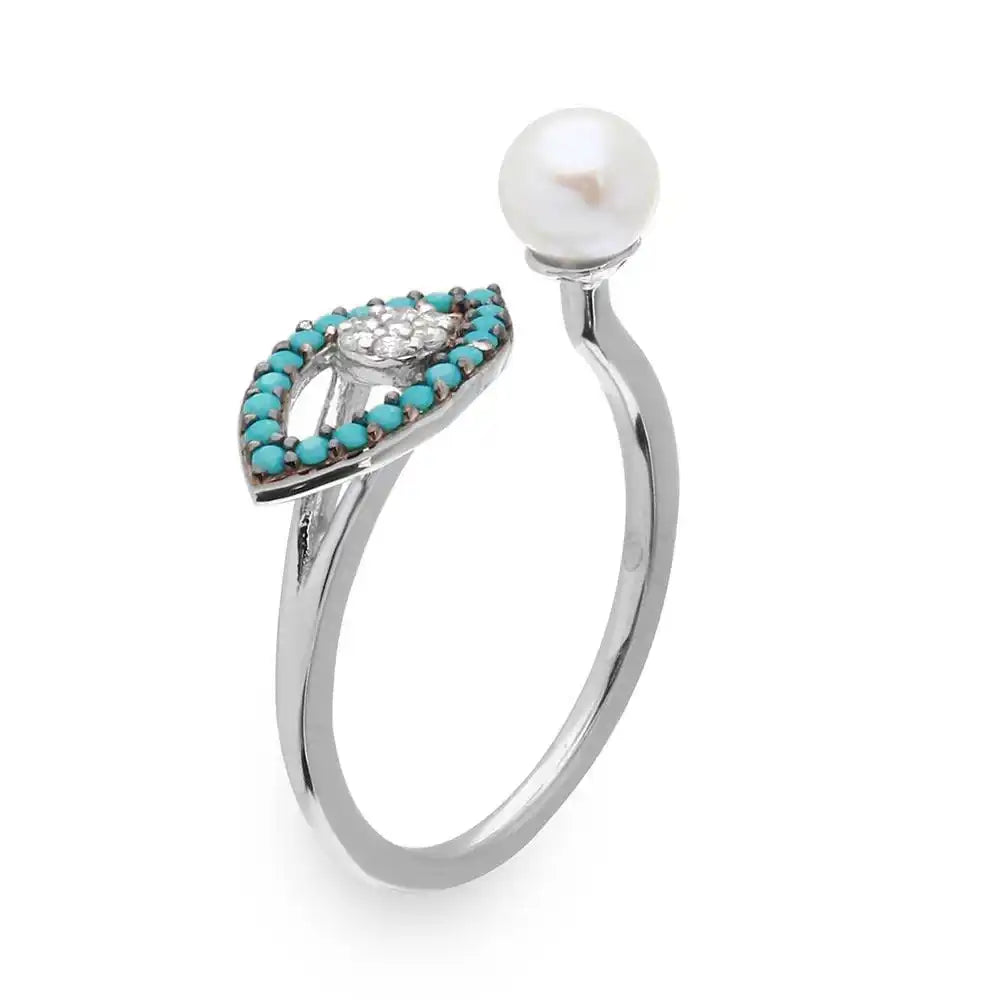925 Sterling Silver Black Rhodium and Rhodium Plated Turquoise Evil Eye and CZ with Fresh Water Pearl Ring