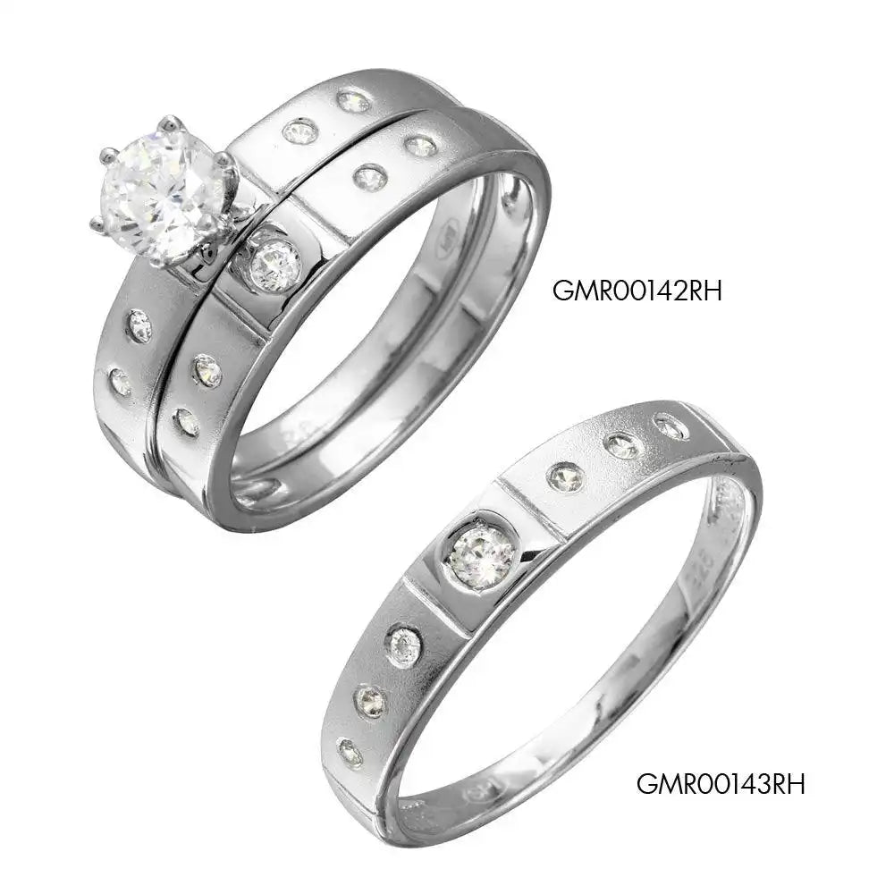 925 Sterling Silver Half Matte Finish Rhodium Plated CZ Trio Bridal Ring