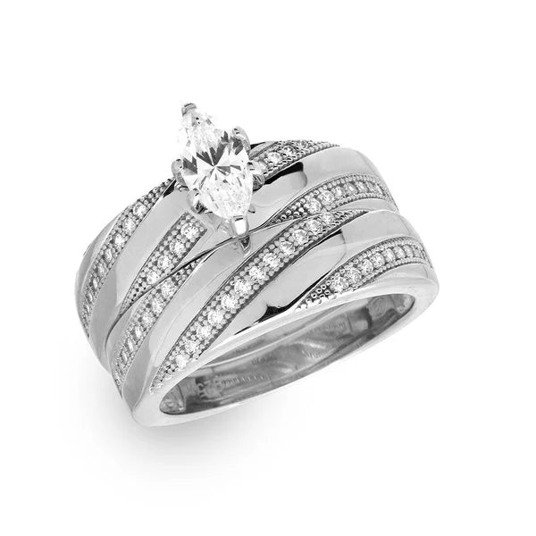 925 Sterling Silver Rhodium Plated Marquise Center Trio Bridal Ring