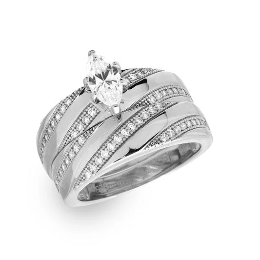 925 Sterling Silver Rhodium Plated Marquise Center Trio Bridal Ring