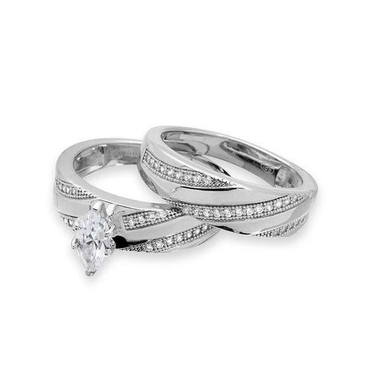 925 Sterling Silver Rhodium Plated Marquise Center Trio Bridal Ring