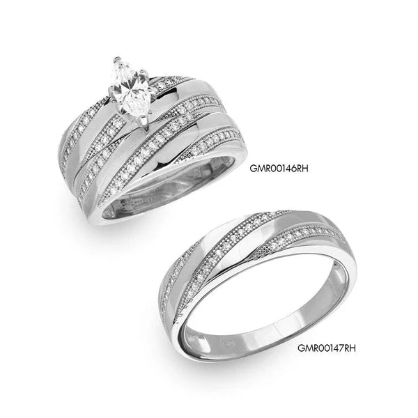 925 Sterling Silver Rhodium Plated Marquise Center Trio Bridal Ring