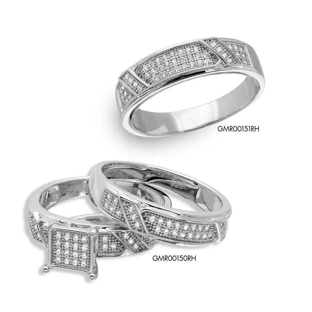 925 Sterling Silver Rhodium Plated Square Pave Center Trio Bridal Ring