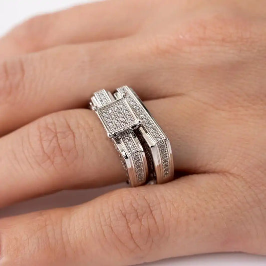 925 Sterling Silver Rhodium Plated Two Piece Clear CZ Square Bar Accent Ring