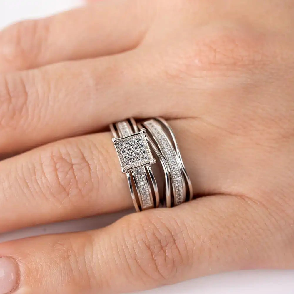 925 Sterling Silver Rhodium Plated Square Center Trio Bridal Ring