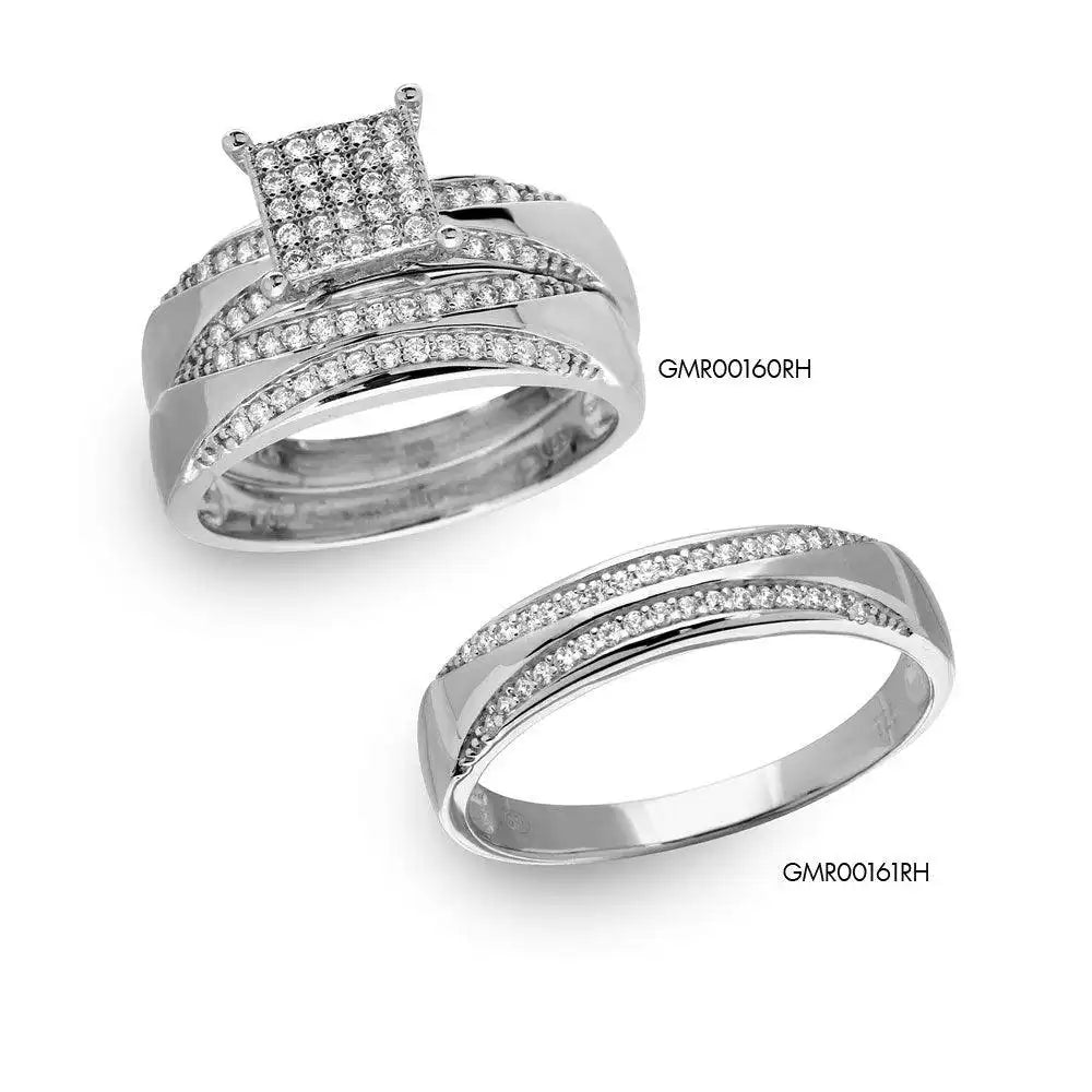 Silver 925 Rhodium Plated Square Pave Center Trio Bridal Ring