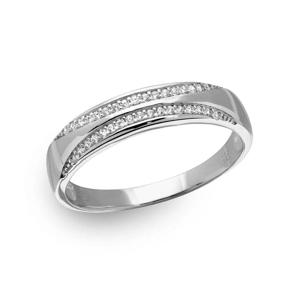 925 Sterling Silver Rhodium Plated Men's Tappered Shank Trio Band with CZ