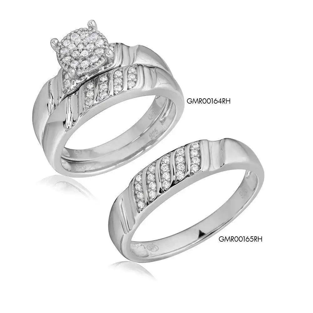 925 Sterling Silver Rhodium Plated Sideway Stone Design Custer CZ Center Wedding Ring