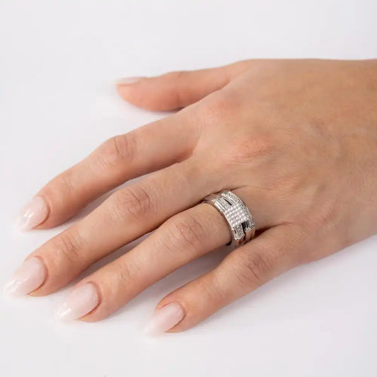 925 Sterling Silver Rhodium Plated CZ Pave Square Center Ring