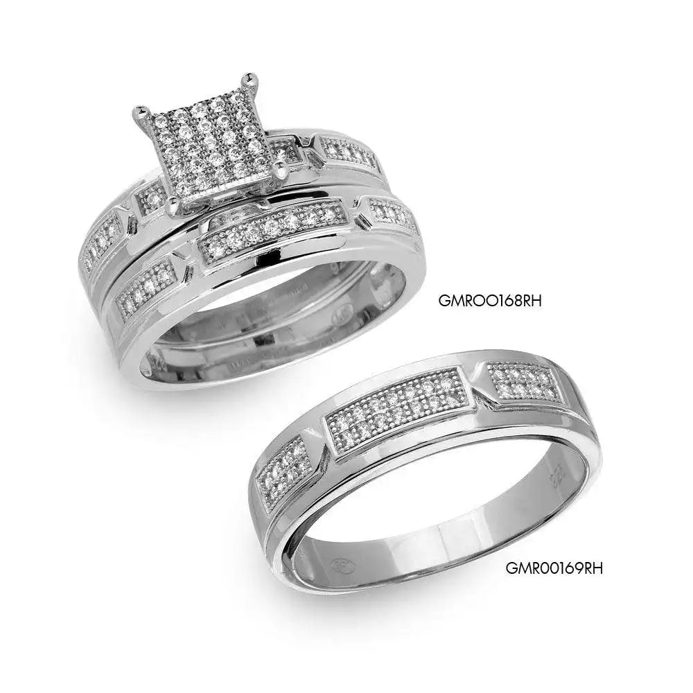 925 Sterling Silver Rhodium Plated Square Pave Center Trio Bridal Ring