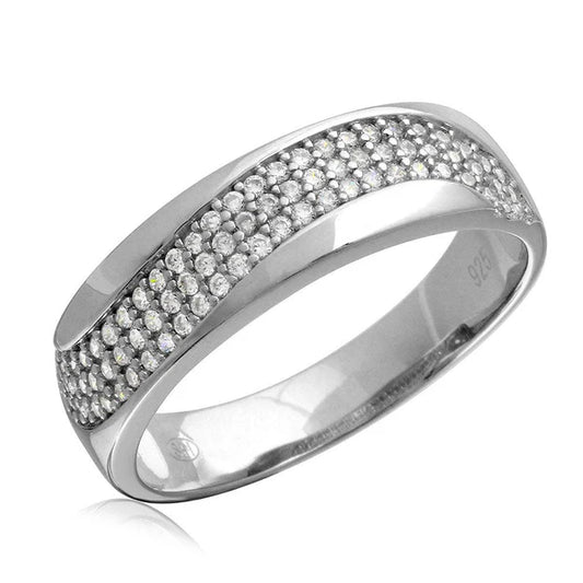 925 Sterling Silver Rhodium Plated Men's Wave CZ Wedding Ring