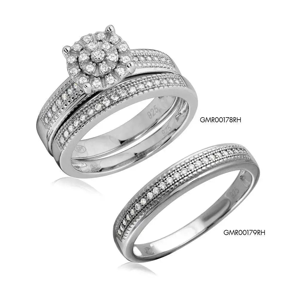 925 Sterling Silver Rhodium Plated Cluster Stones Wedding Ring Set