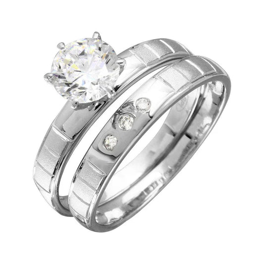925 Sterling Silver Rhodium Plated Line Shank Design Bridal Trios Ring