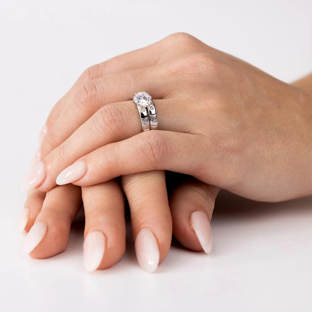 925 Sterling Silver Rhodium Plated Moissanite or CZ Line Shank Design Bridal Trios Ring