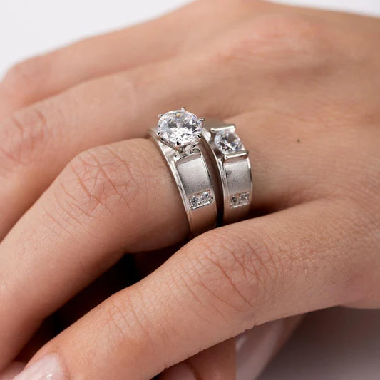 925 Sterling Silver Rhodium Plated with Matte Finish Round Center Trio Bridal Ring