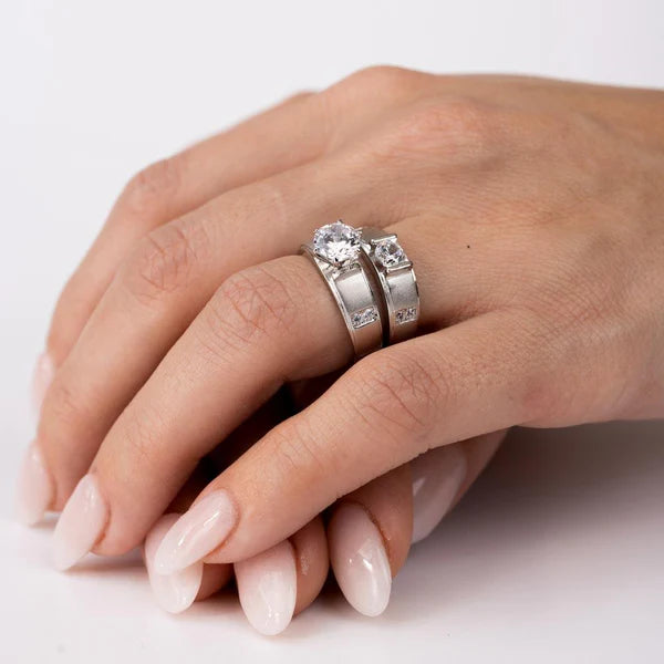 925 Sterling Silver Rhodium Plated with Matte Finish Round Center Trio Bridal Ring