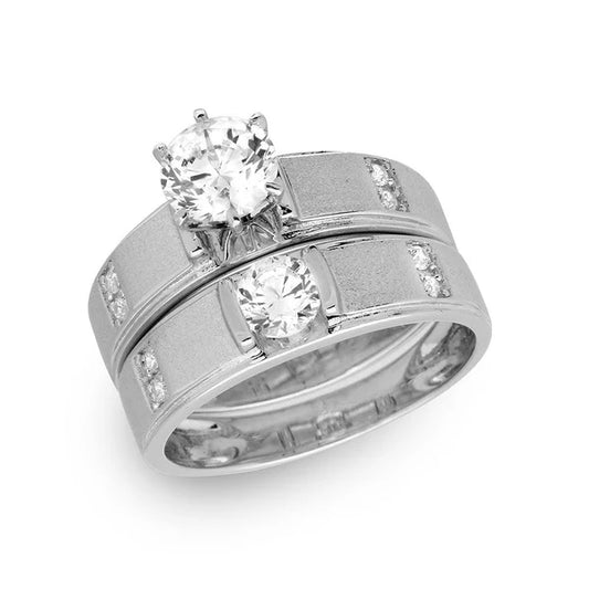 925 Sterling Silver Rhodium Plated with Matte Finish Round Center Trio Bridal Ring