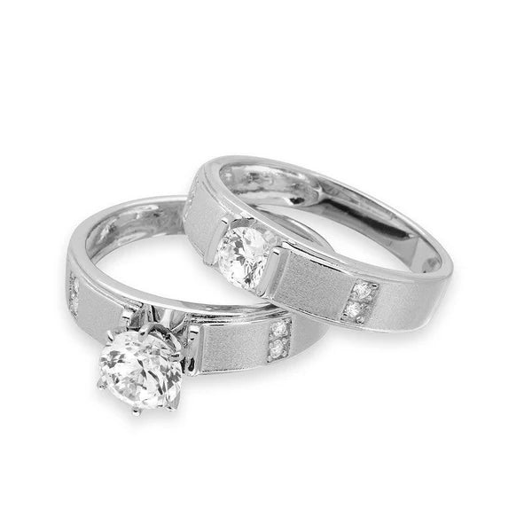 925 Sterling Silver Rhodium Plated with Matte Finish Round Center Trio Bridal Ring