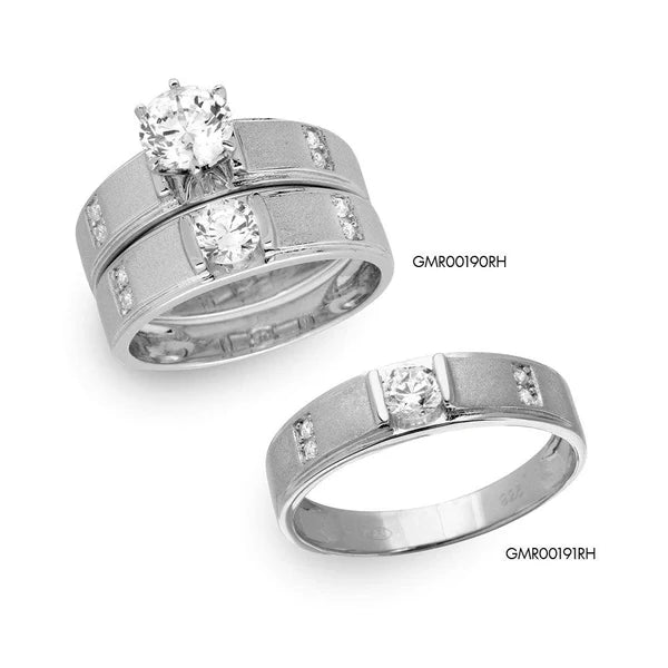 925 Sterling Silver Rhodium Plated with Matte Finish Round Center Trio Bridal Ring