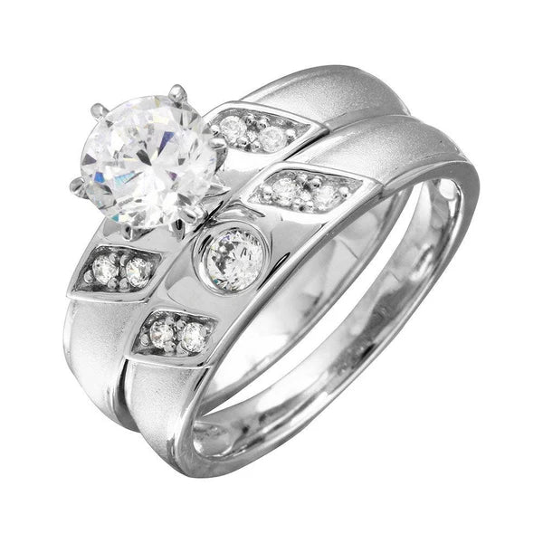 925 Sterling Silver Rhodium Plated Slash CZ Trios Bridal CZ Ring