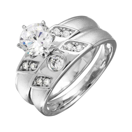 925 Sterling Silver Rhodium Plated Slash CZ Trios Bridal CZ Ring
