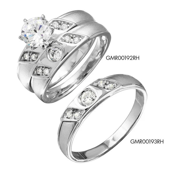 925 Sterling Silver Rhodium Plated Slash CZ Trios Bridal CZ Ring