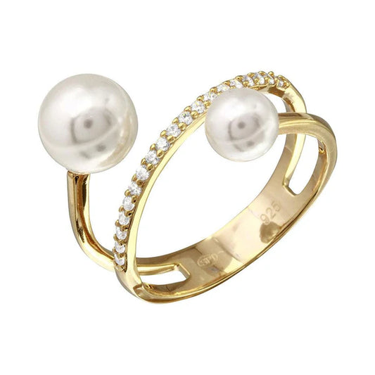 925 Sterling Silver Gold Plated Synthetic Pearl Ended Loop CZ Ring