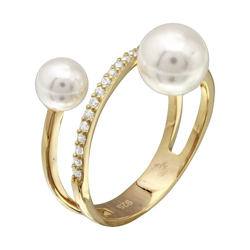 925 Sterling Silver Gold Plated Synthetic Pearl Ended Loop CZ Ring