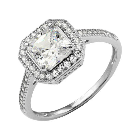 925 Sterling Silver Rhodium Plated Square Halo Ring with CZ Shank