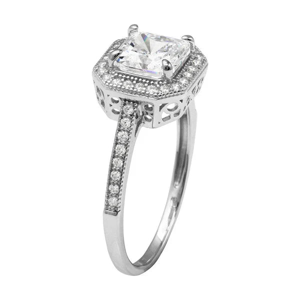 925 Sterling Silver Rhodium Plated Square Halo Ring with CZ Shank