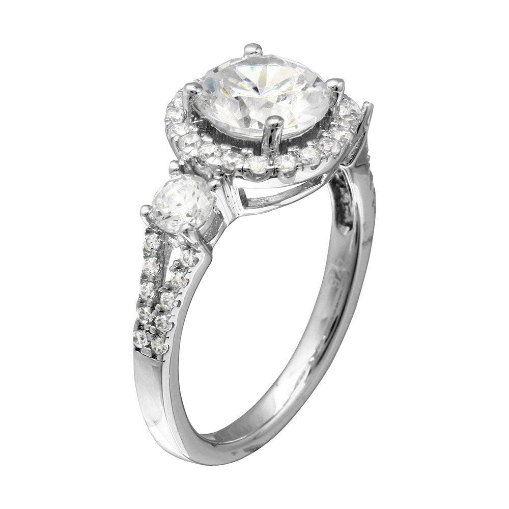 925 Sterling Silver Rhodium Plated Round Halo Ring with CZ Shank