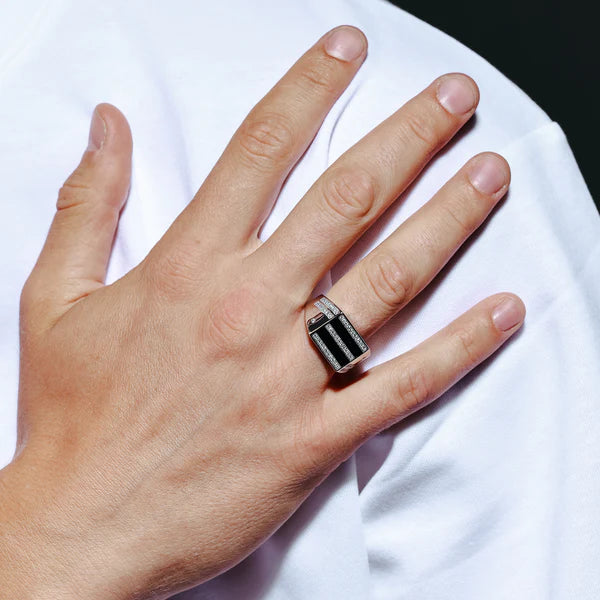 925 Sterling Silver Rhodium Plated Two-Tone Black Enamel CZ Men's Ring