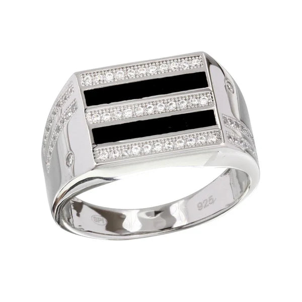 925 Sterling Silver Rhodium Plated Two-Tone Black Enamel CZ Men's Ring