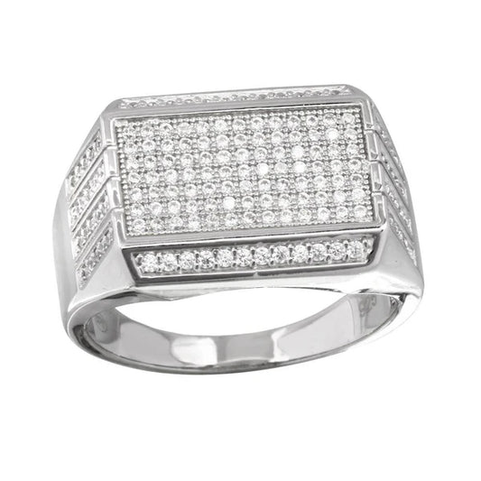925 Sterling Silver Rhodium Plated Men's Rectangular Ring with CZ