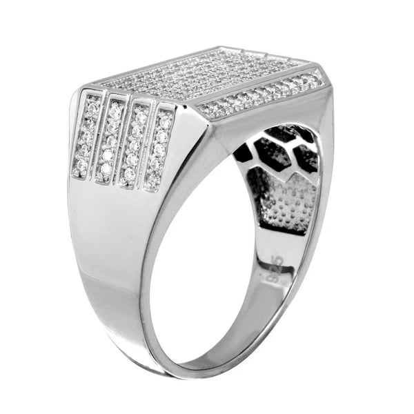 925 Sterling Silver Rhodium Plated Men's Rectangular Ring with CZ