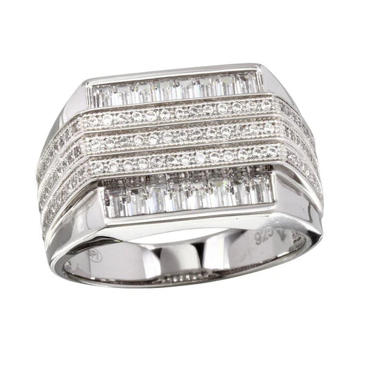 925 Sterling Silver Rhodium Plated Men's 3 Bar CZ Ring