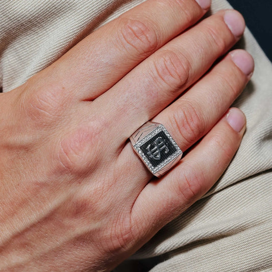 925 Sterling Silver Men's Sterling Rhodium Dollar Sign Ring with CZ