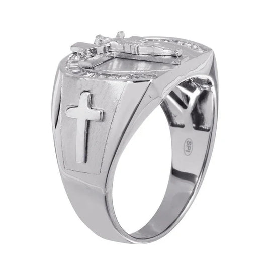 925 Sterling Silver Rhodium Plated Men's Crucifix Ring