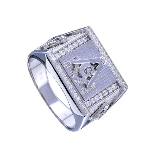925 Sterling Silver Rhodium Plated Men's Masonry Statement CZ Ring