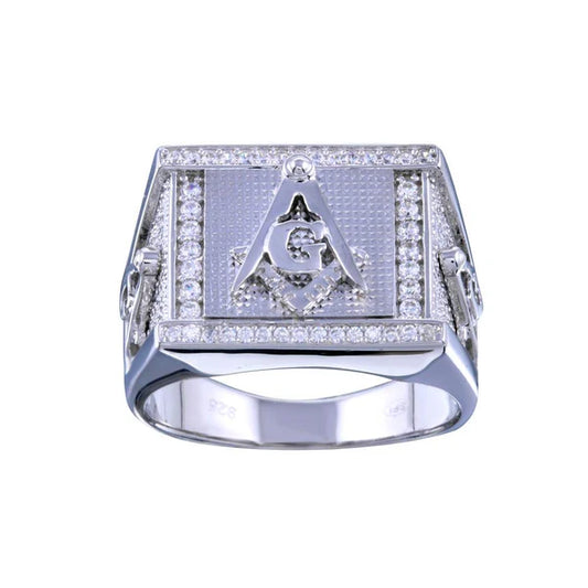 925 Sterling Silver Rhodium Plated Men's Masonry Statement CZ Ring
