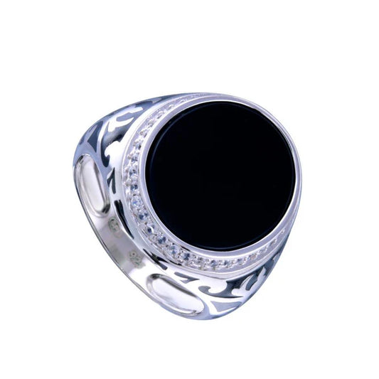 925 Sterling Silver Rhodium Plated Men's Flat Oval Onyx Ring with CZ
