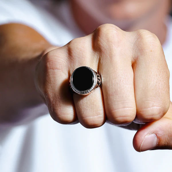 925 Sterling Silver Rhodium Plated Men's Flat Oval Onyx Ring with CZ