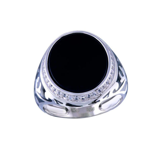 925 Sterling Silver Rhodium Plated Men's Flat Oval Onyx Ring with CZ
