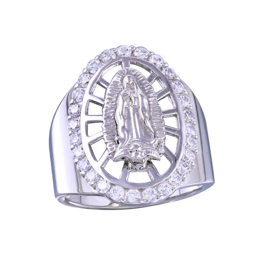 925 Sterling Silver Rhodium Plated Oval CZ Lady of Guadalupe Center Ring