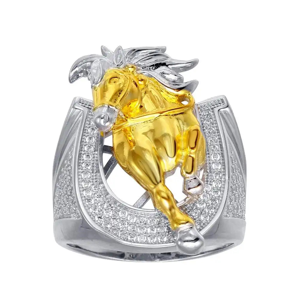 925 Sterling Silver Two-Tone Men's 925 Sterling Silver CZ Horse Shoe Gold Horse Ring