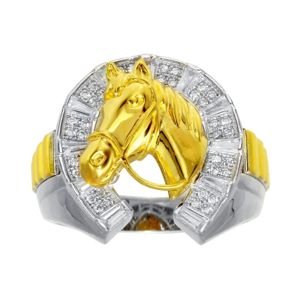 925 Sterling Silver Two-Tone Men's CZ Horse Shoe Gold Horse Ring