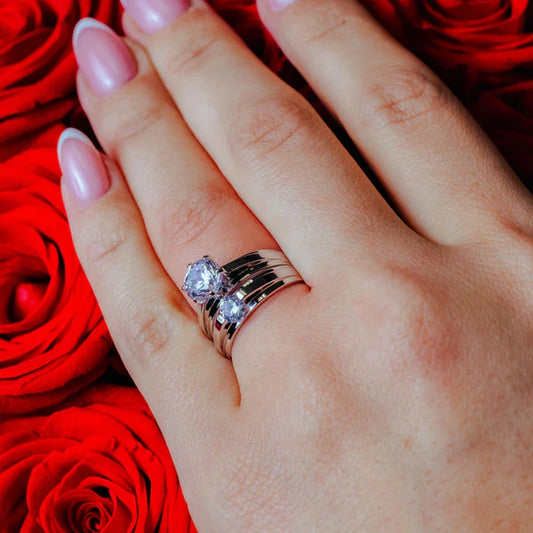 925 Sterling Silver Rhodium Plated Round CZ Stone Bordered Trios Ring