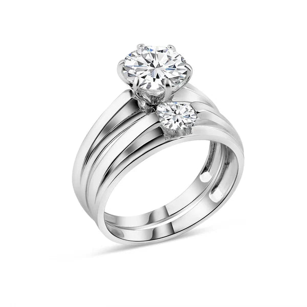 925 Sterling Silver Rhodium Plated Round CZ Stone Bordered Trios Ring