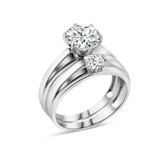 925 Sterling Silver Rhodium Plated Round CZ Stone Bordered Trios Ring