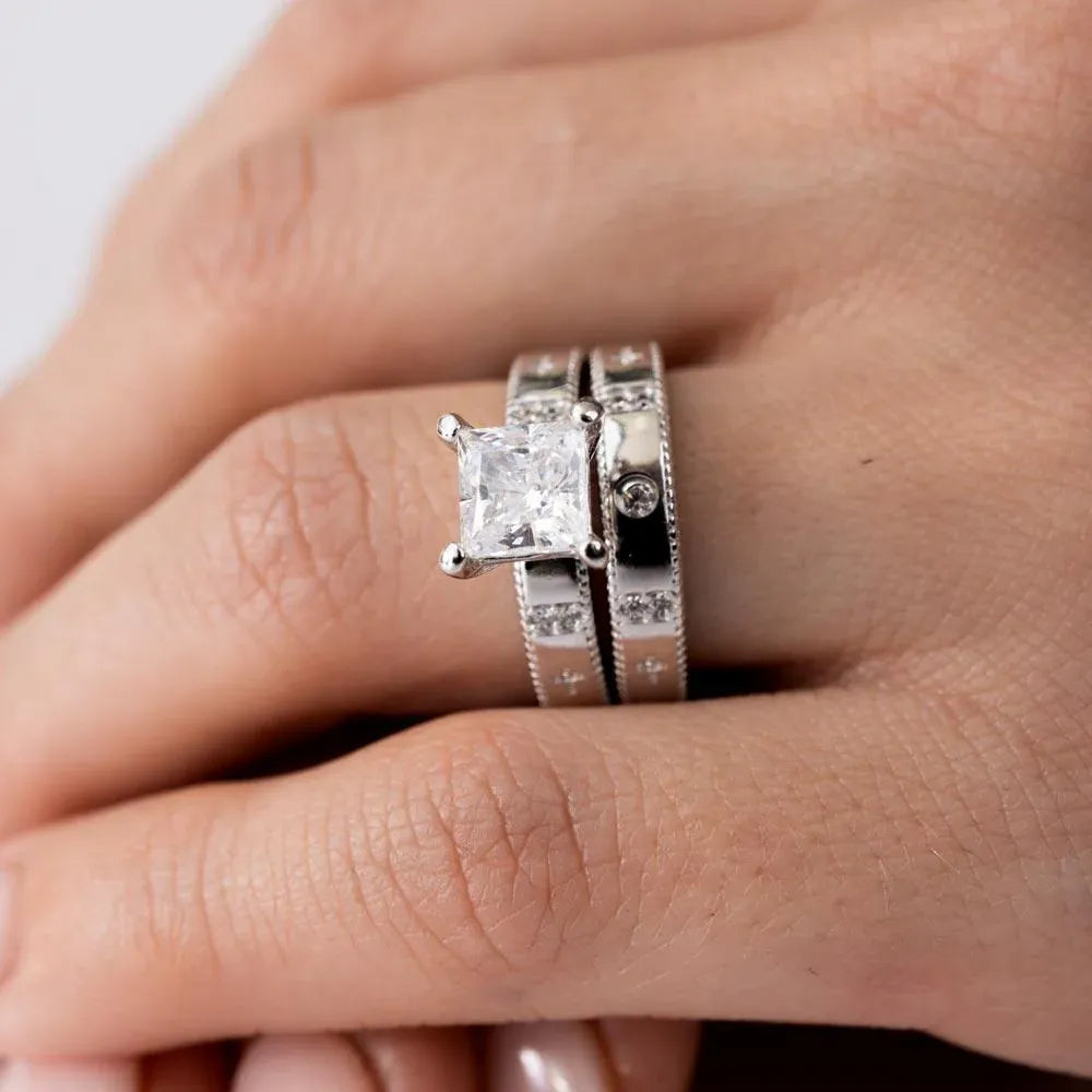 925 Sterling Silver Rhodium Plated Square CZ Cross Shank Design Ring